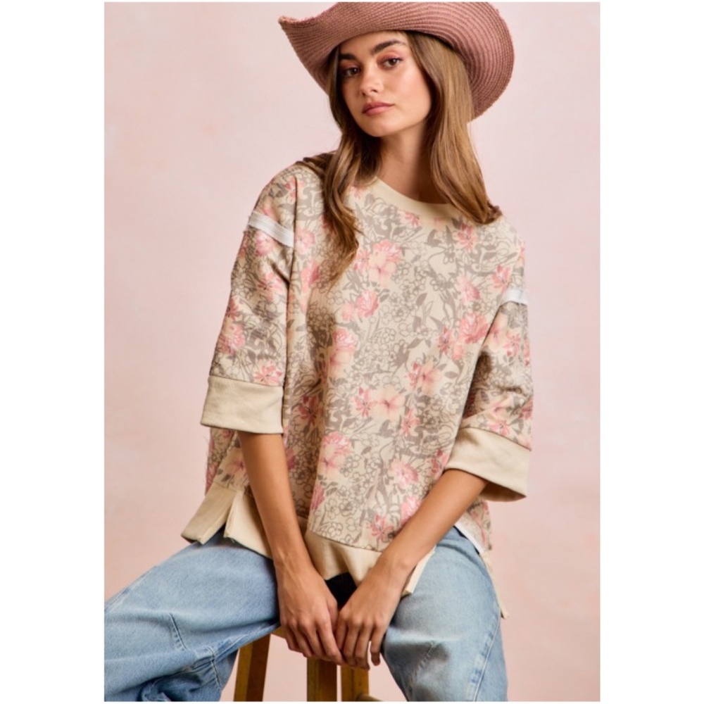 BiBi Beige Floral Short Sleeve Pullover with Pink Accents